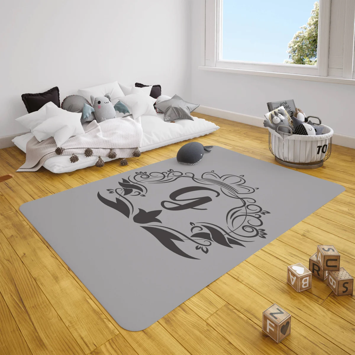 Monogram G Çocuk Halısı | Gri Taç, süslemeli çerçeve Desenli