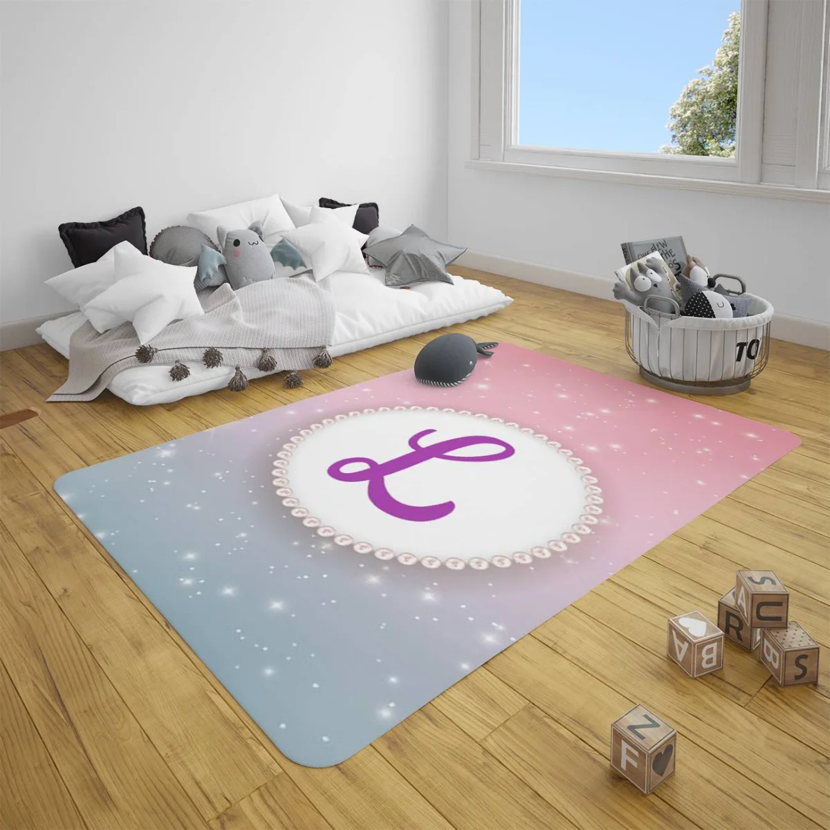 Kişiye Özel Harf Çocuk Halısı | Pembe yıldız, parıltı Desenli