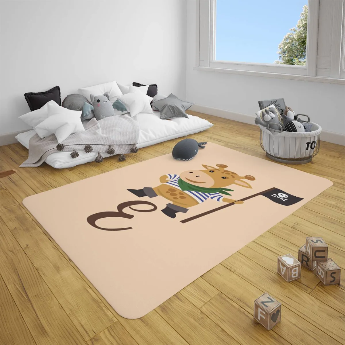 Korsan Zürafa Çocuk Halısı | Bej korsan kıyafetli zürafa, korsan bayrağı Desenli