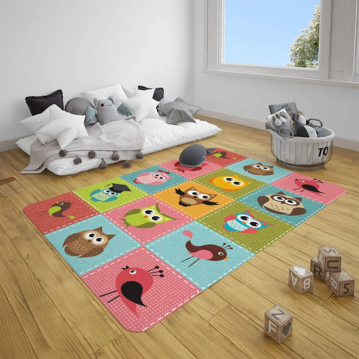 Baykuşlar Çocuk Halısı | Çok renkli Patchwork desen, dikiş izleri Desenli