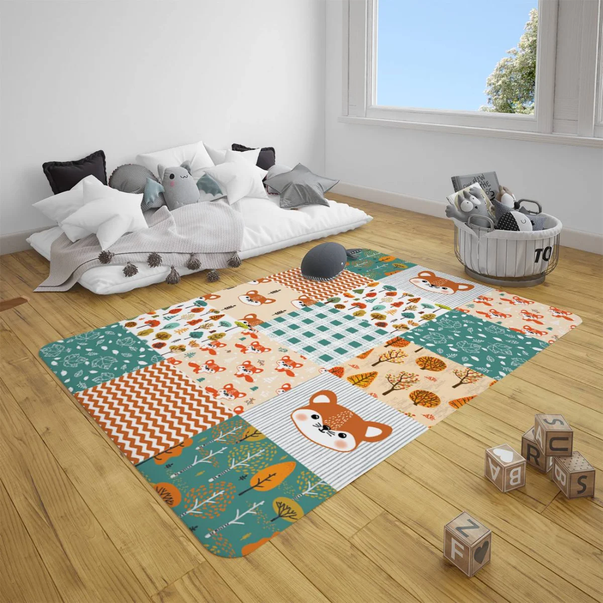 Tilki ve Orman Çocuk Halısı | Bej Yama işi, ağaçlar Desenli