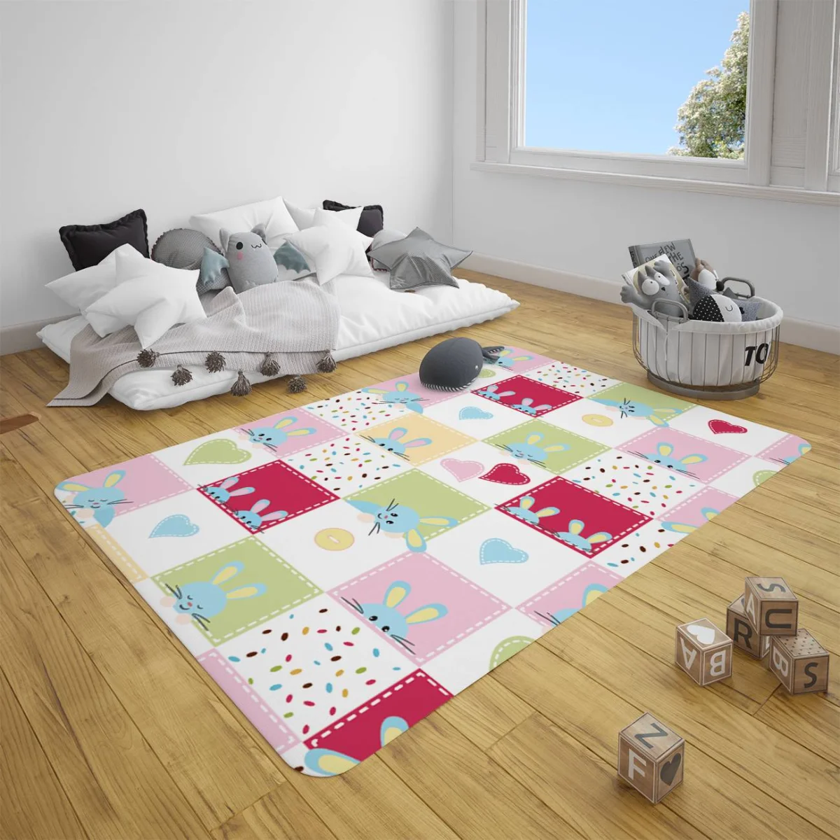 Tavşanlar Çocuk Halısı | Beyaz kalpler, renkli konfeti Desenli
