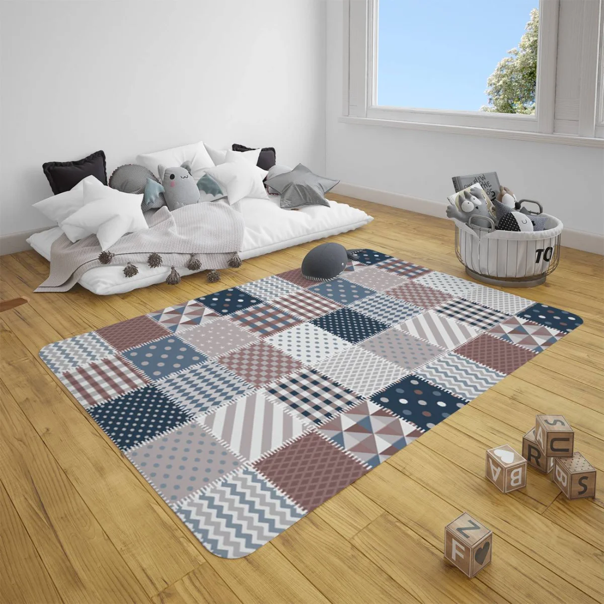 Patchwork Çocuk Halısı | Mavi, kahverengi, gri Yıldız, puantiye Desenli