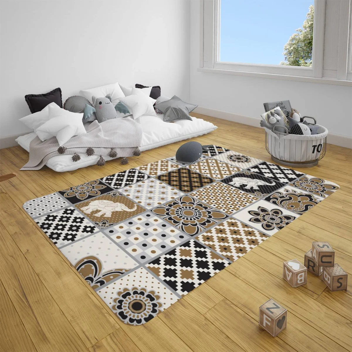 Fil, Çiçek Çocuk Halısı | Bronz Geometrik desenler, noktalar Desenli