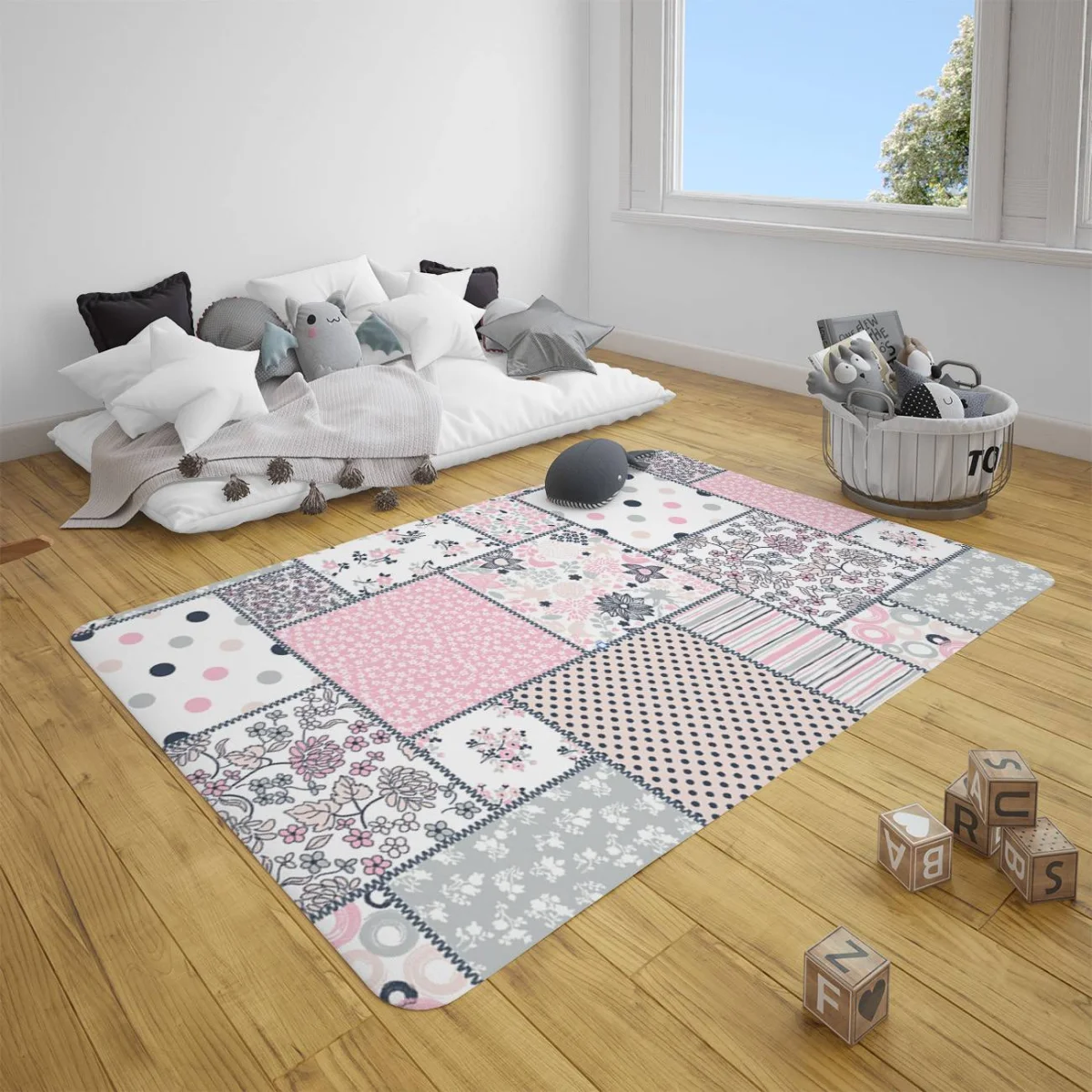 Çiçekler ve Kuşlar Çocuk Halısı | Pembe, Beyaz, Gri Patchwork, puantiyeler Desenli