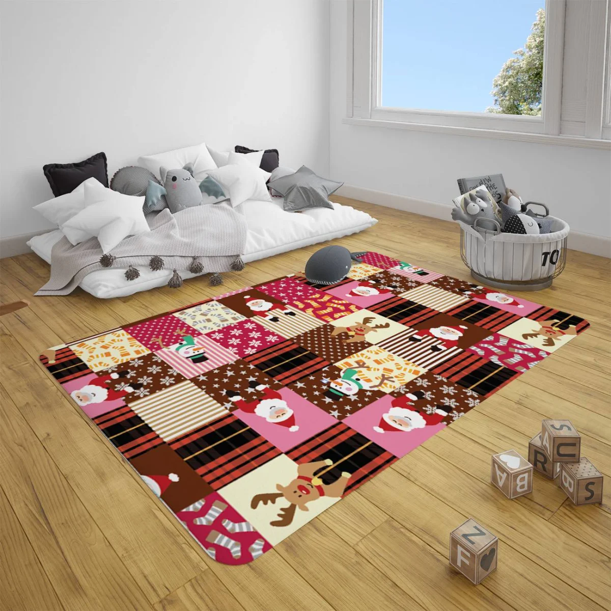 Yılbaşı Karakterleri Çocuk Halısı | Çok renkli yıldız, kar tanesi Desenli