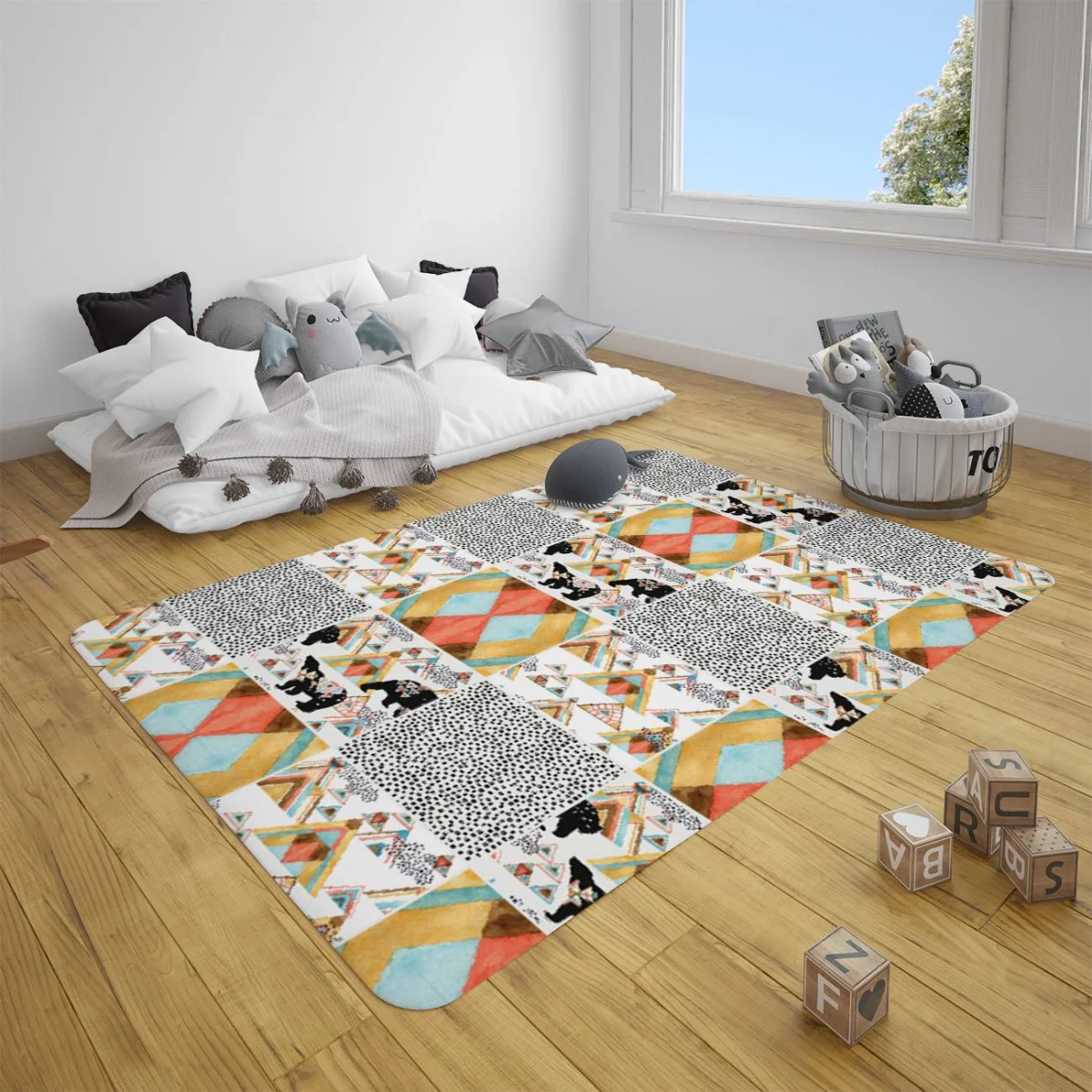 Ayılar, Çadırlar, Orman Temalı Çocuk Halısı | Beyaz geometrik şekiller, puantiyeler Desenli