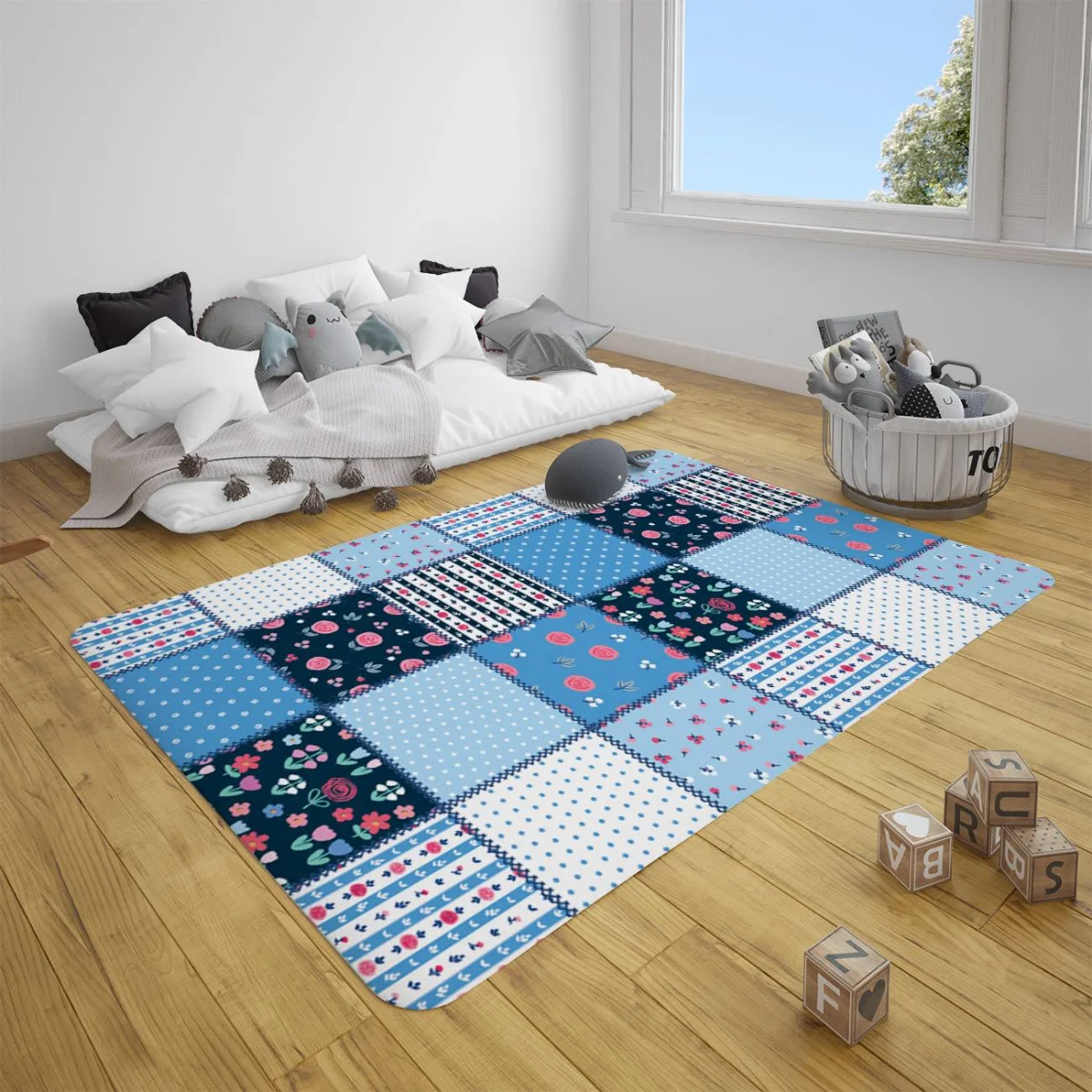 Çiçekli Patchwork Çocuk Halısı | Mavi puantiye, çizgili Desenli