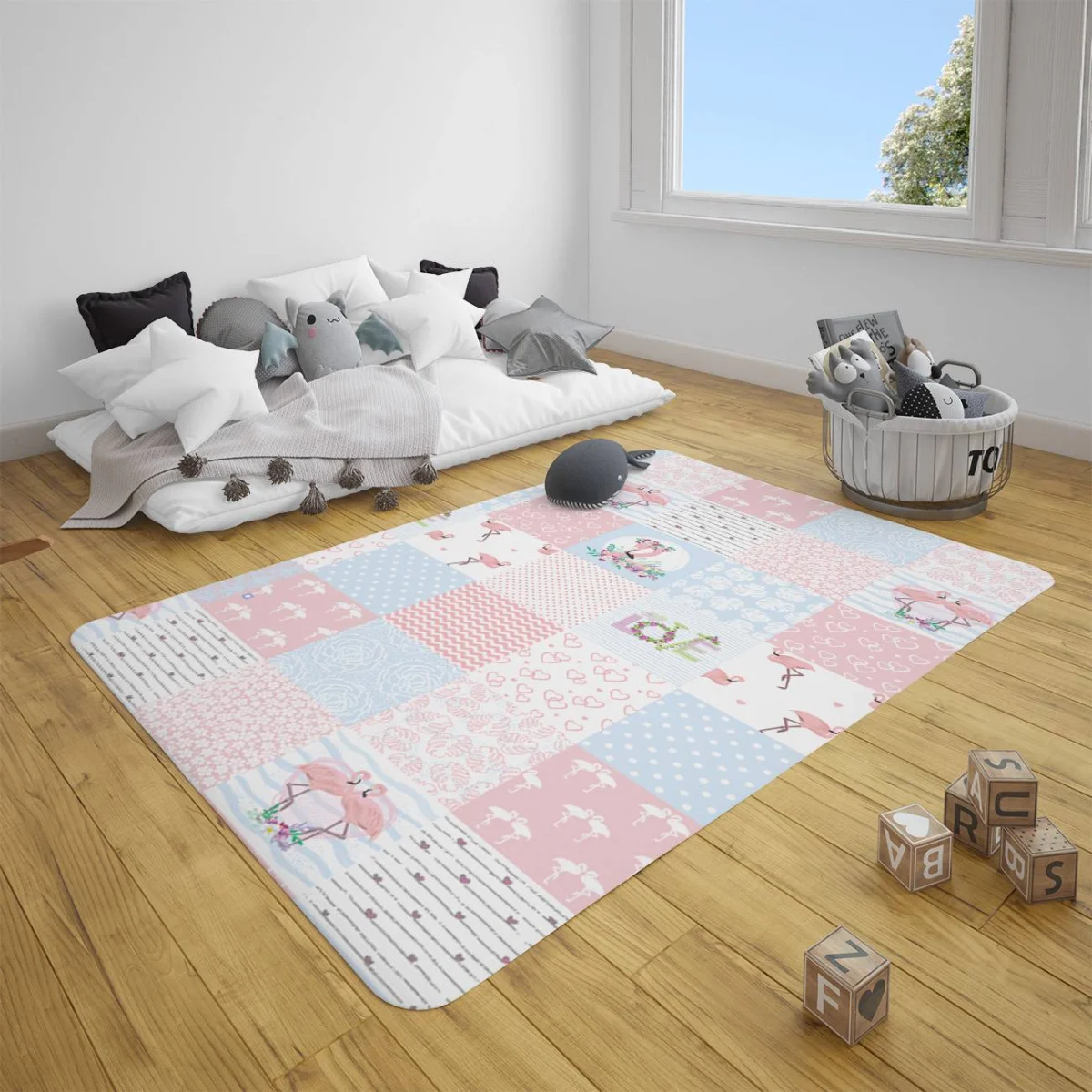 Flamingolar Çocuk Halısı | Pembe, Mavi kalpler, puantiyeler Desenli