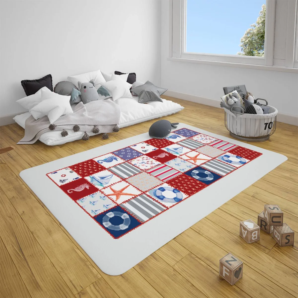 Deniz Temalı Çocuk Halısı | Beyaz Denizatı, yelkenli Desenli