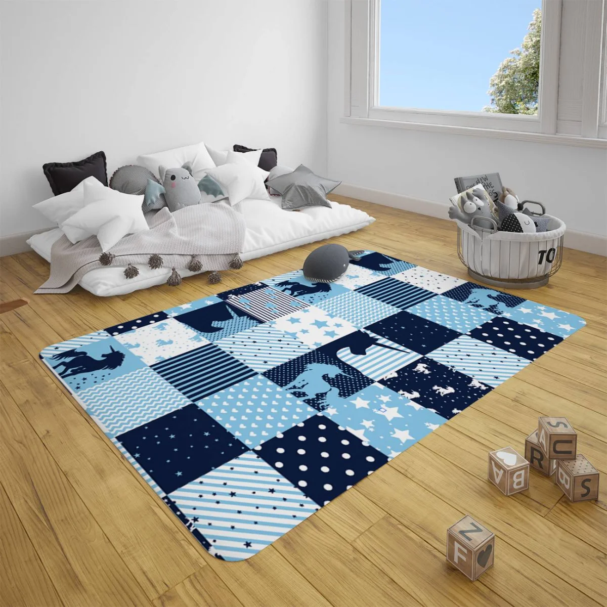 Unicorn Çocuk Halısı | Mavi yıldız, puantiye Desenli