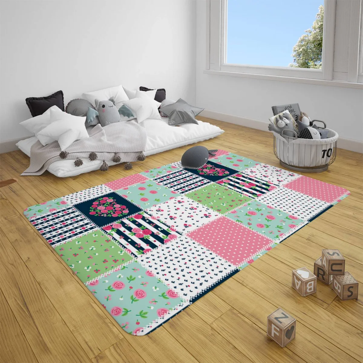 Gül Çocuk Halısı | Pembe kalp, puantiye Desenli