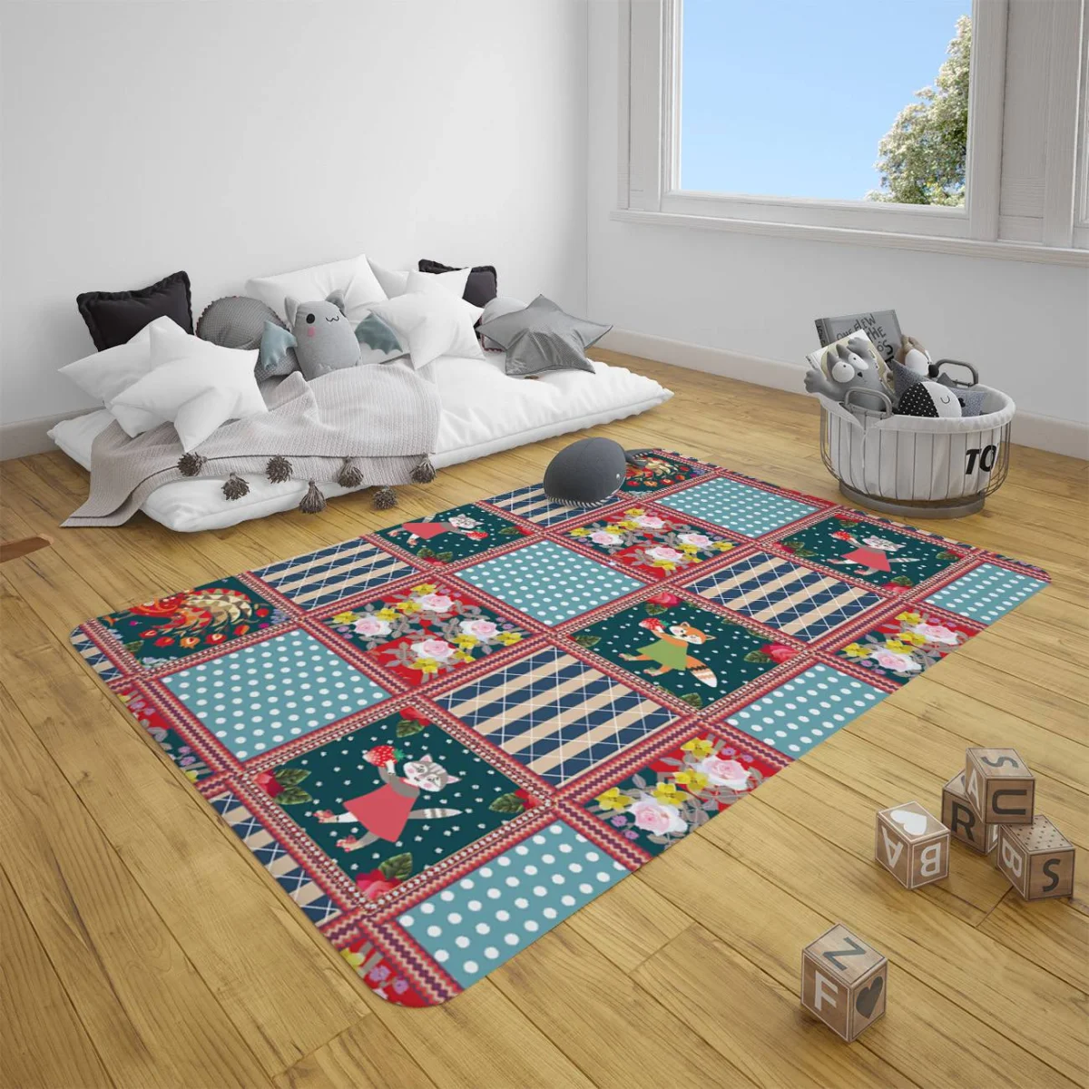 Hayvanlar Çocuk Halısı | Çok Renkli Patchwork, çiçekler Desenli