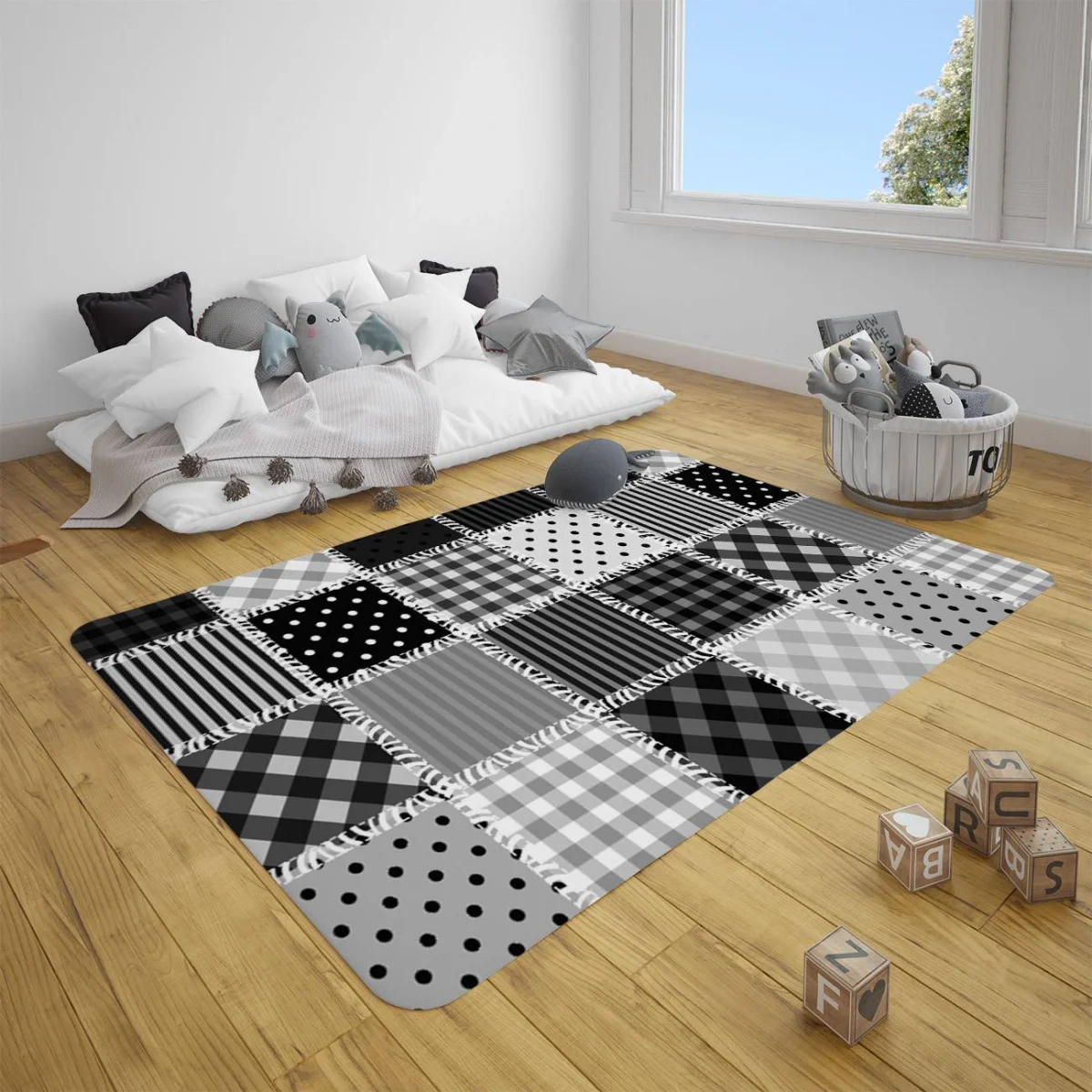 Patchwork Çocuk Halısı | Siyah, beyaz, gri Ekose, çizgili Desenli