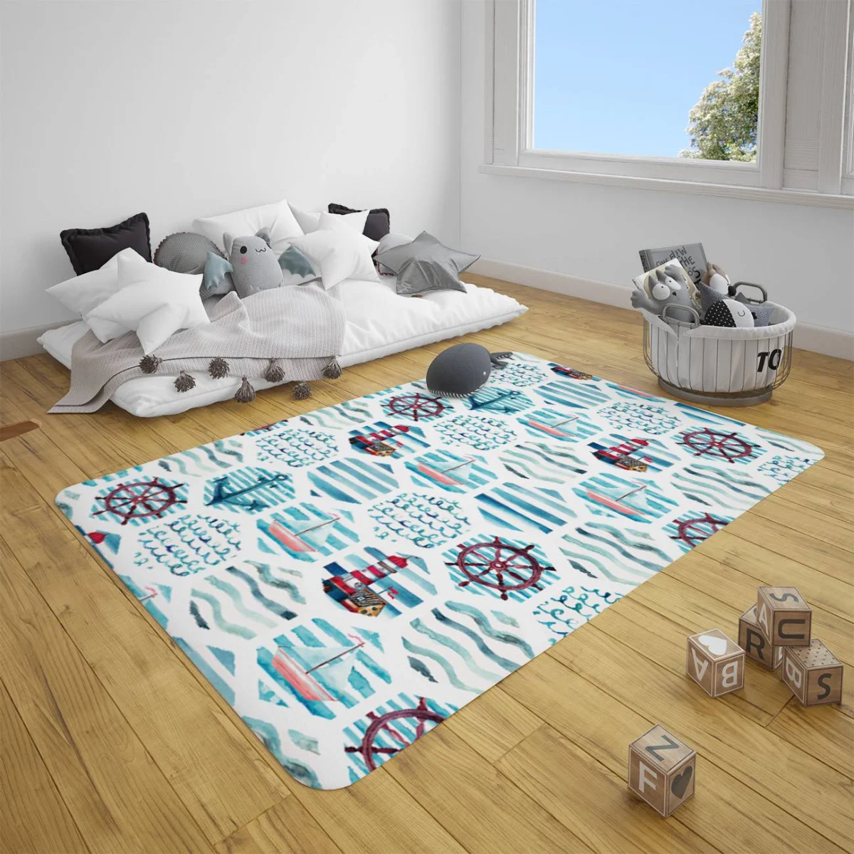 Denizci Çocuk Halısı | Beyaz çapa, dümen Desenli