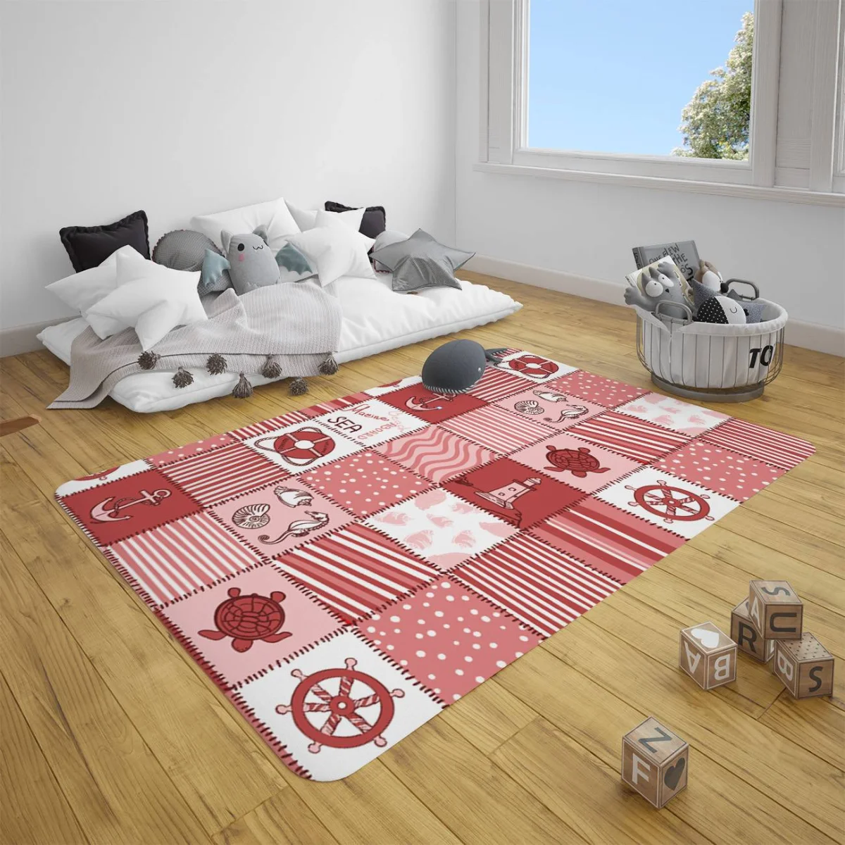 Denizcilik Çocuk Halısı | Kırmızı-Beyaz Gemi dümeni, çapa Desenli