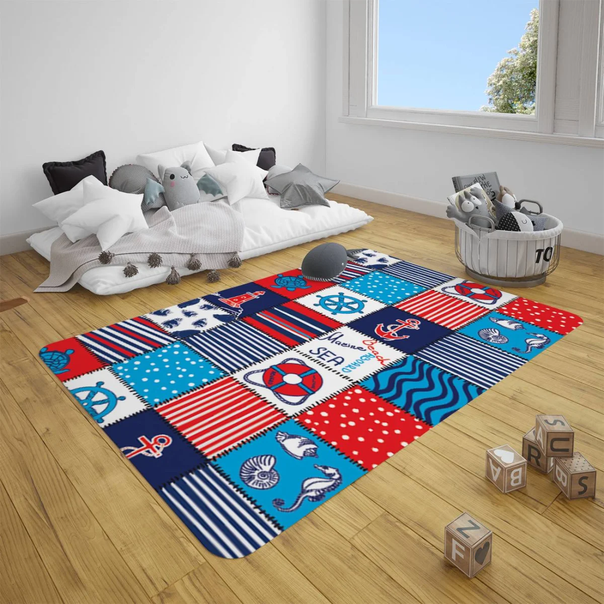 Denizcilik Çocuk Halısı | Mavi Çapa, dümen Desenli