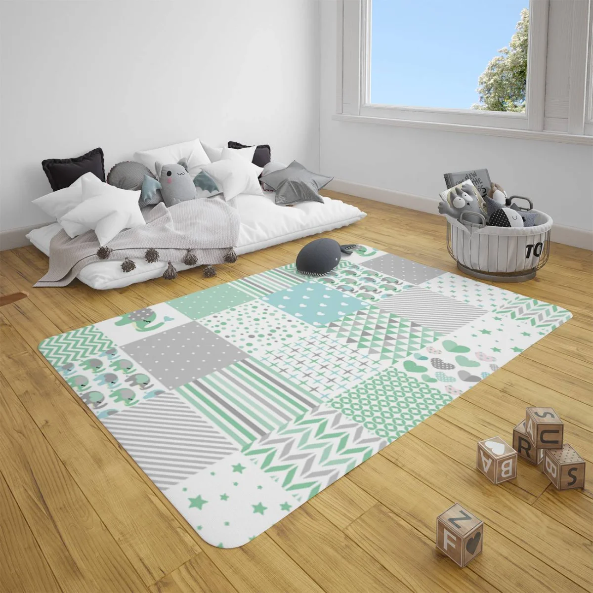 Fil Çocuk Halısı | Yeşil Kalp, puantiye Desenli