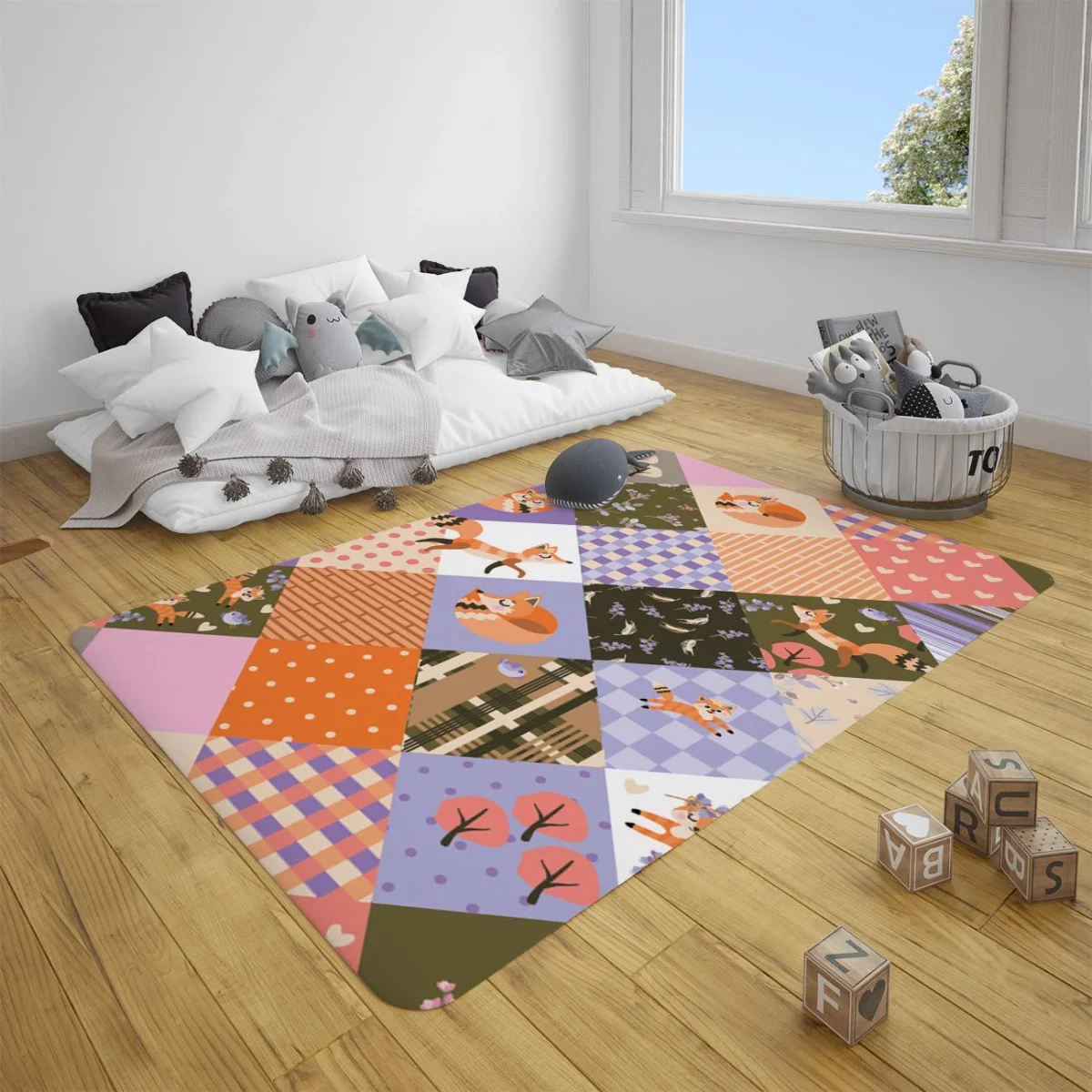 Tilki Çocuk Halısı | Turuncu Tilkiler, çiçekler Desenli