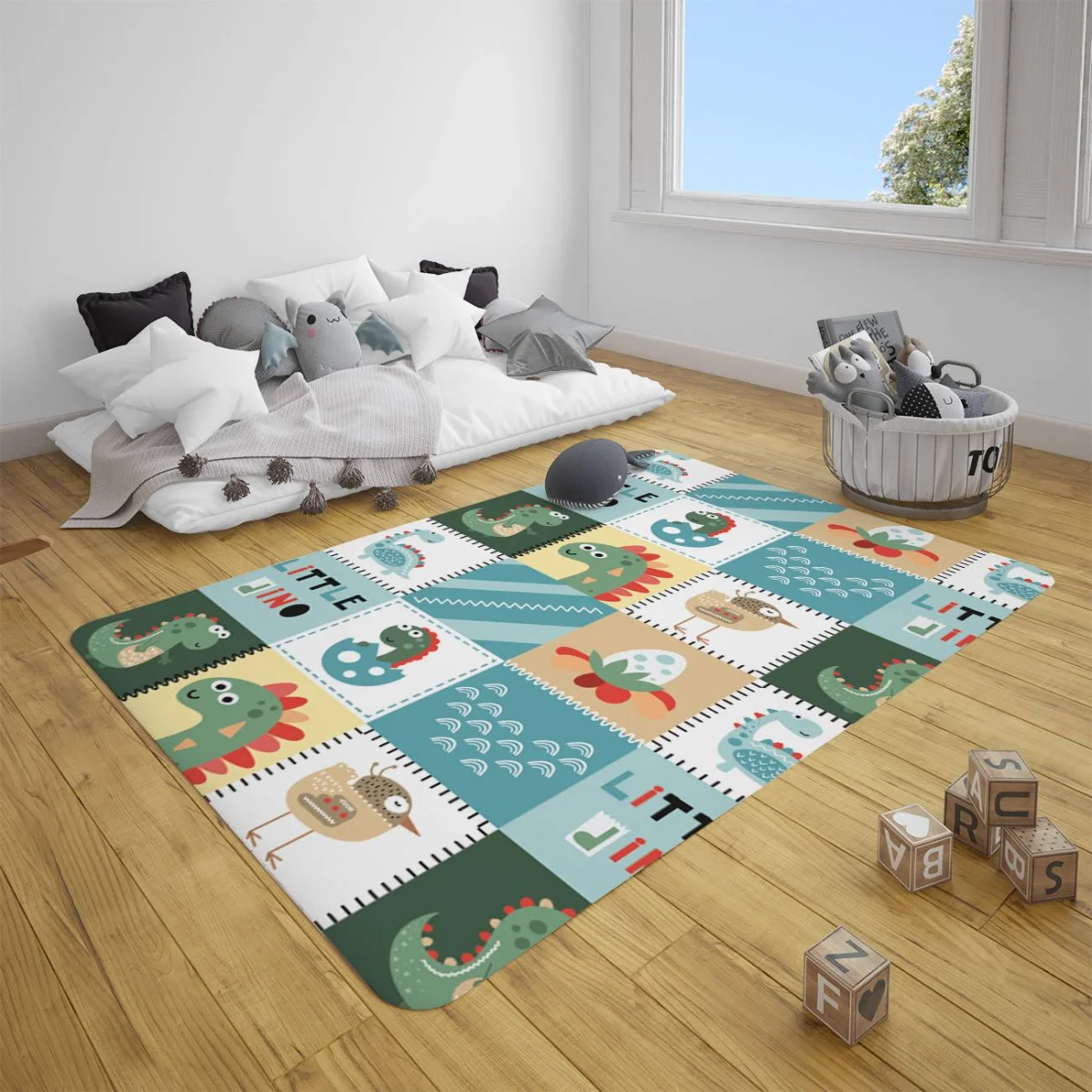 Dinozor Çocuk Halısı | Mavi zigzag çizgiler, yumurta Desenli