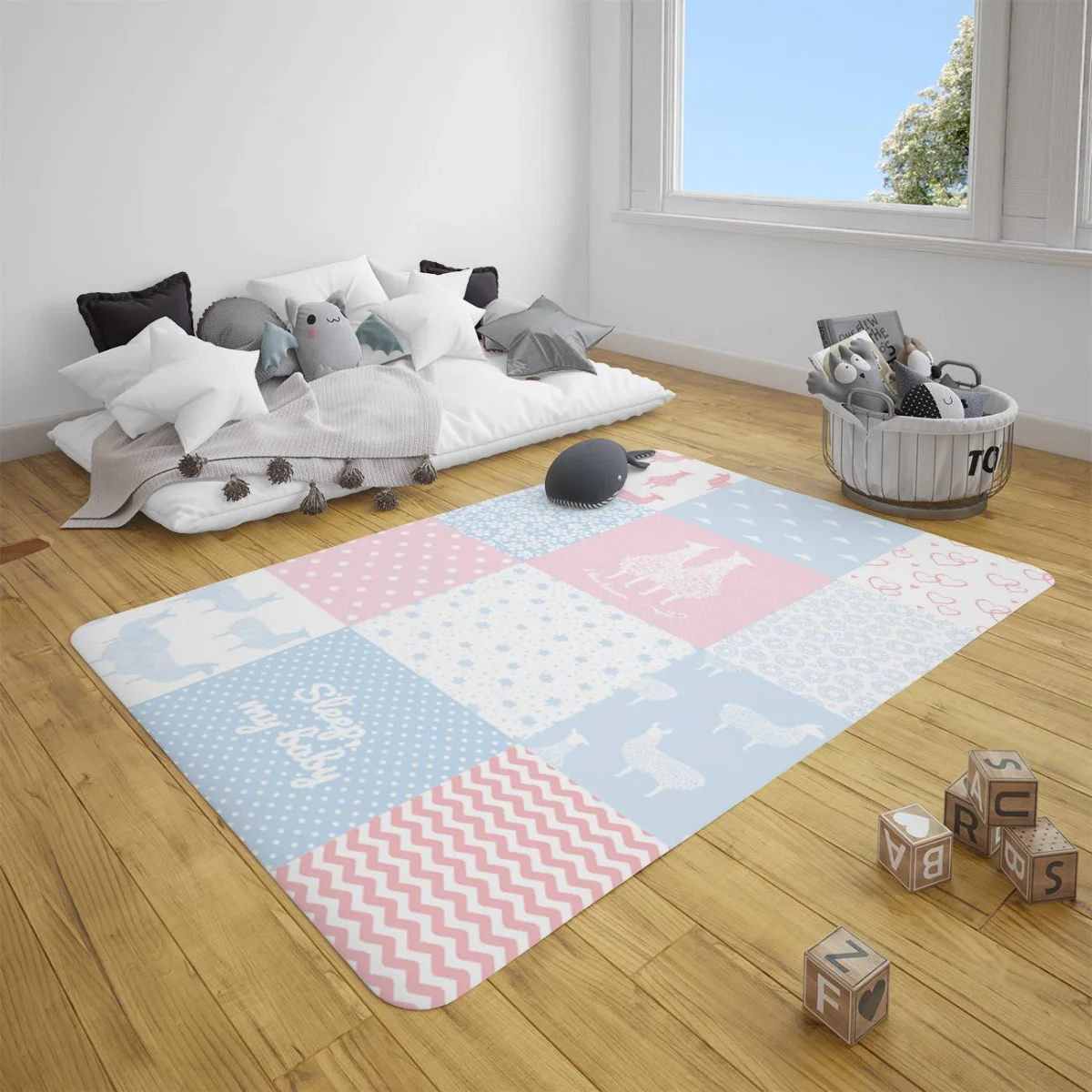 Lama ve koyunlar Çocuk Halısı | Pembe ve Mavi Bulut, yıldız Desenli