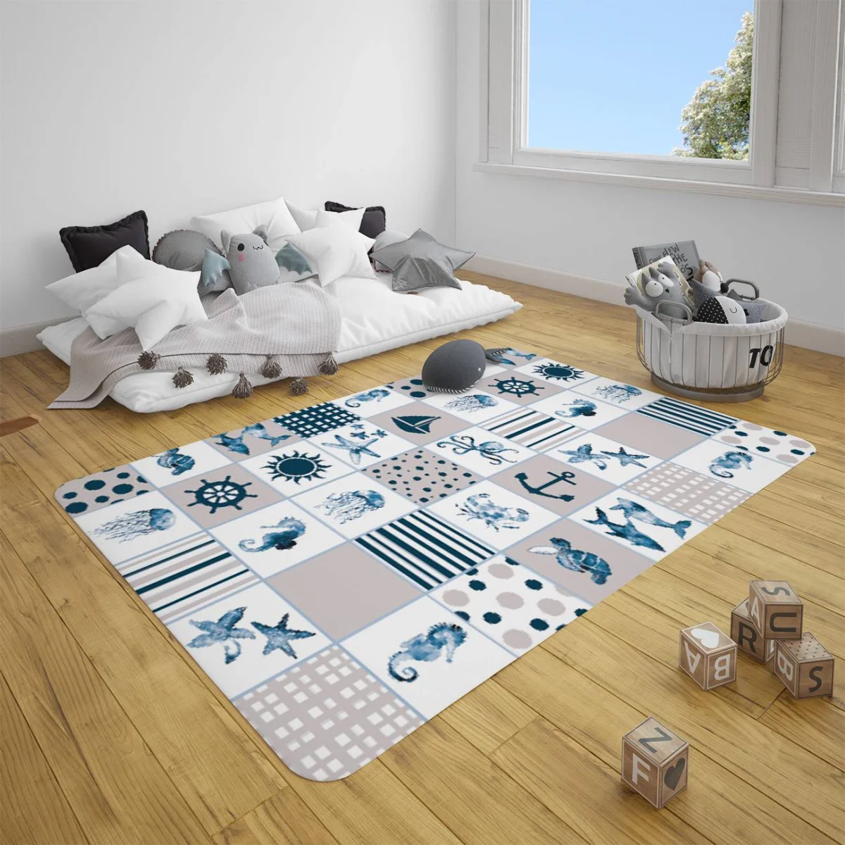 Denizcilik Teması Çocuk Halısı | Mavi Patchwork, çizgili Desenli