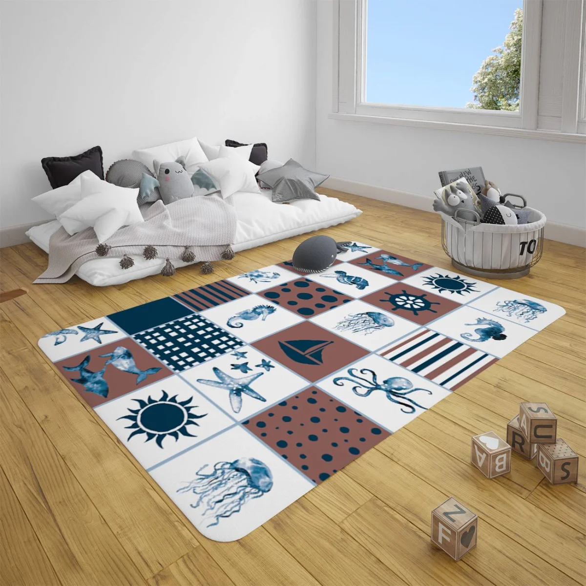 Deniz Teması Çocuk Halısı | Kahverengi, Beyaz Deniz canlıları, çizgili Desenli