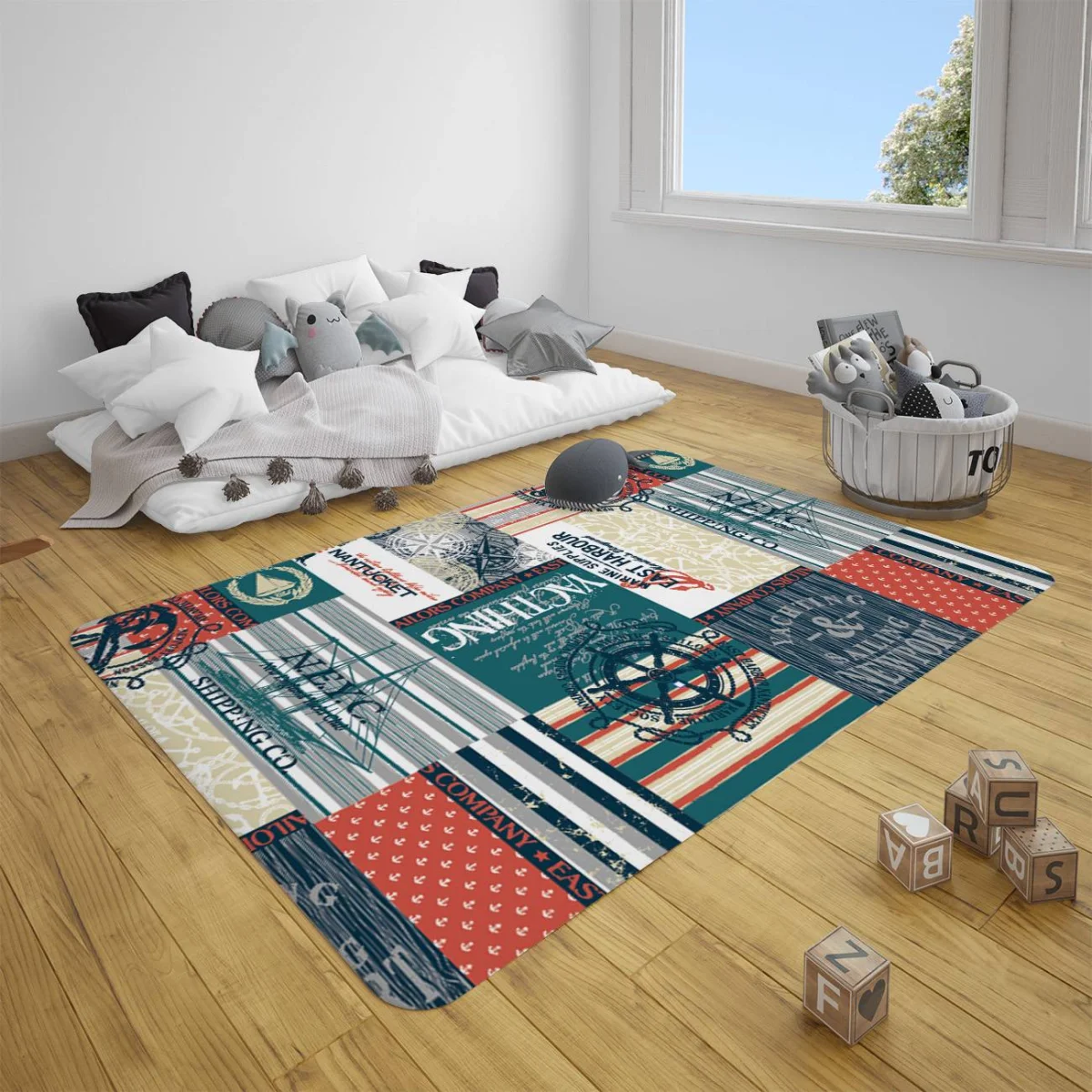 Denizcilik Çocuk Halısı | Mavi Çapalar, pusulalar Desenli