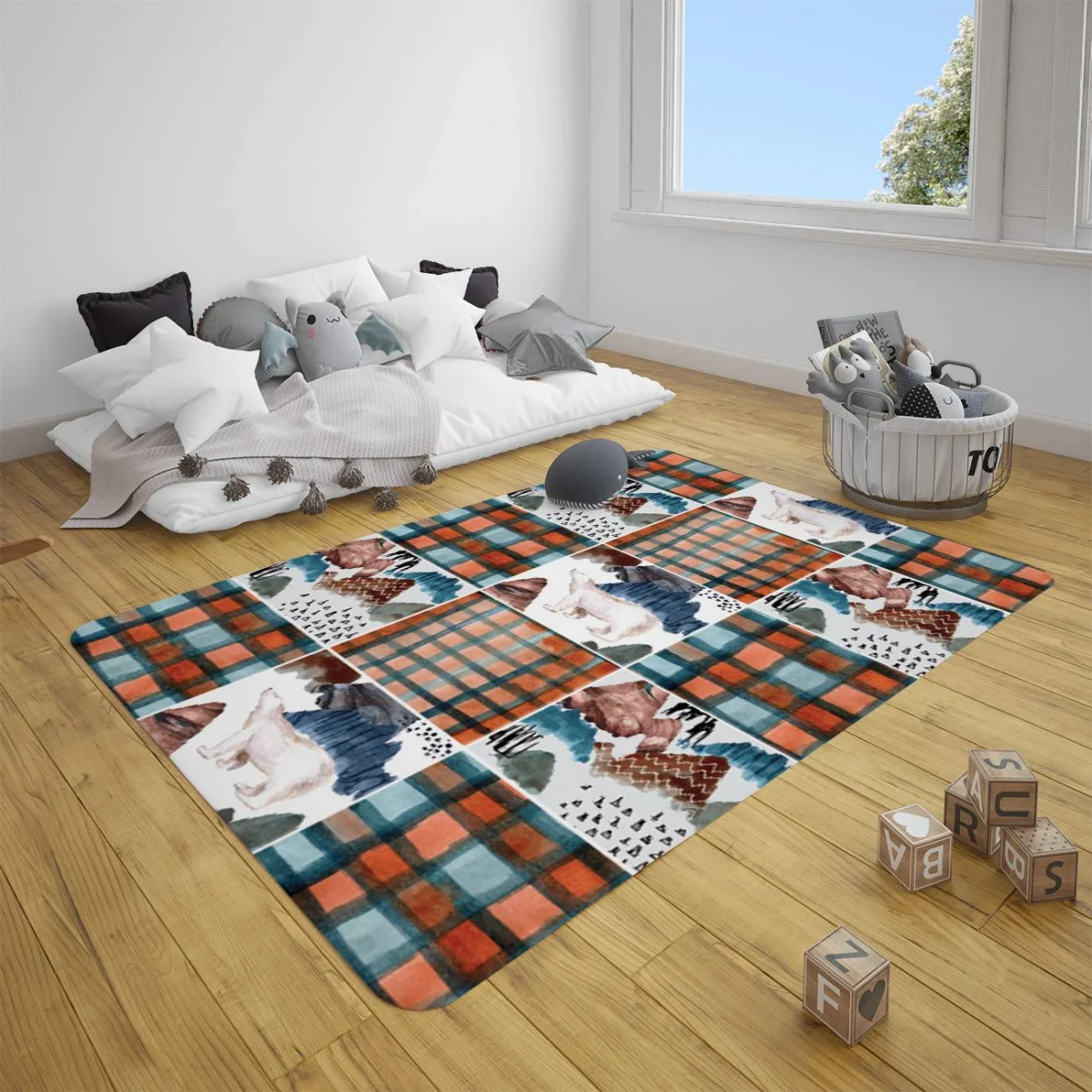 Kutup Ayısı Çocuk Halısı | Beyaz ekose, dağ Desenli