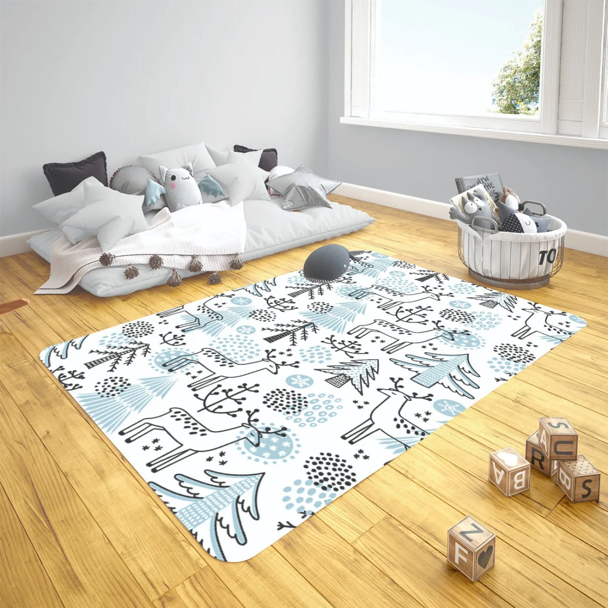 Orman Hayvanları Çocuk Halısı | Beyaz geyik, ağaç Desenli
