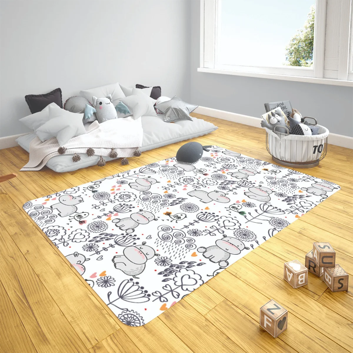 Su Aygırları Çocuk Halısı | Beyaz Çiçekler, kalpler Desenli
