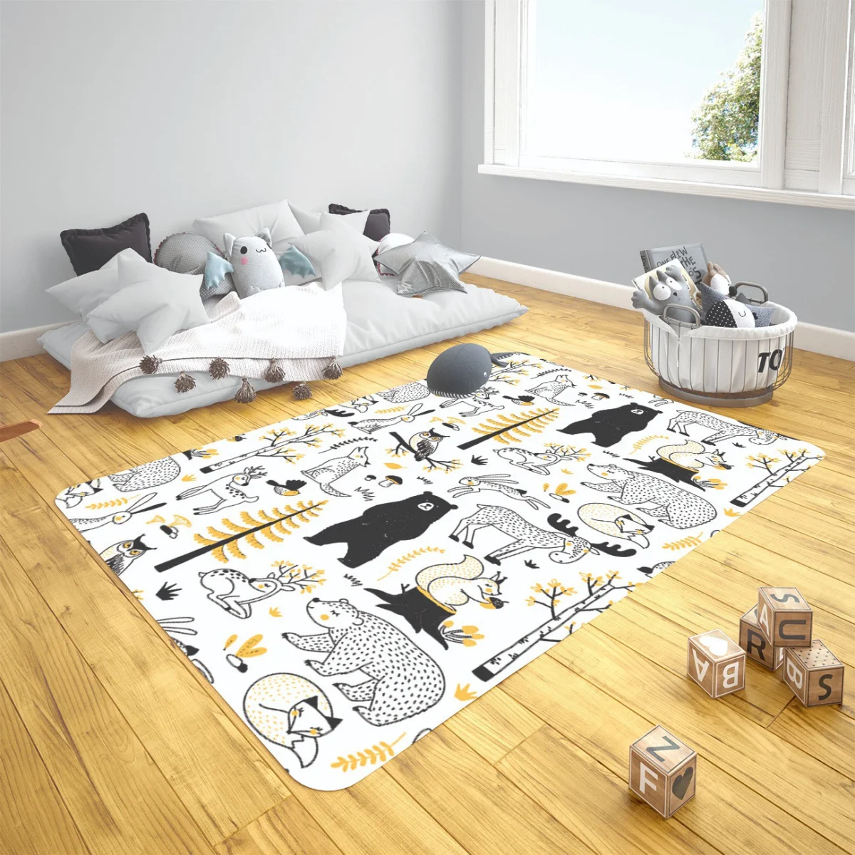 Orman Hayvanları Çocuk Halısı | Beyaz Ağaçlar, mantarlar Desenli