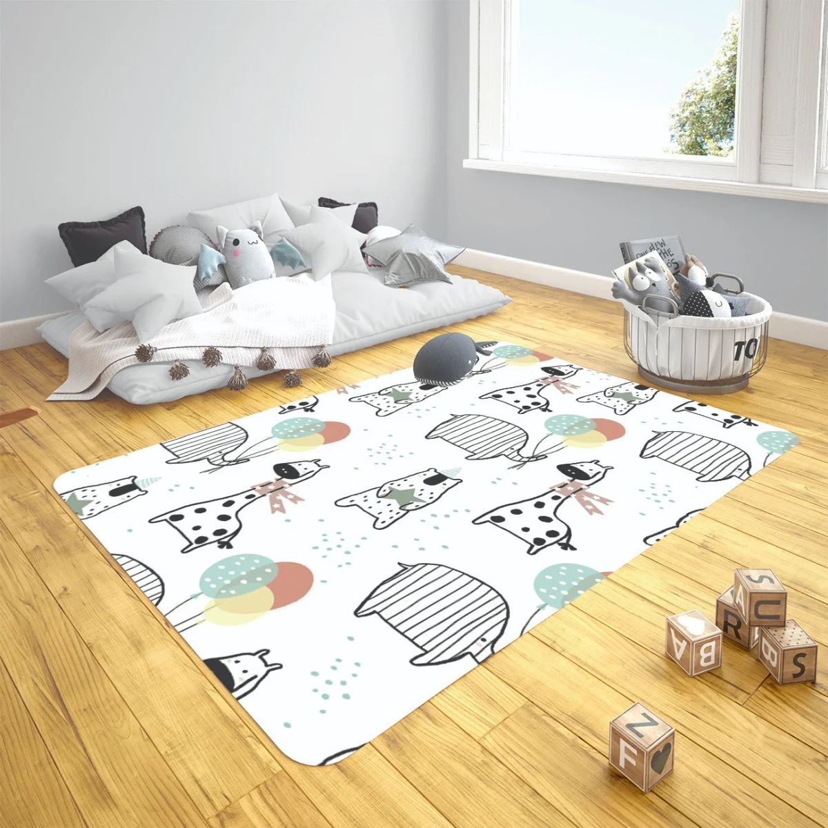 Orman Hayvanları Çocuk Halısı | Beyaz balonlar, parti şapkaları Desenli