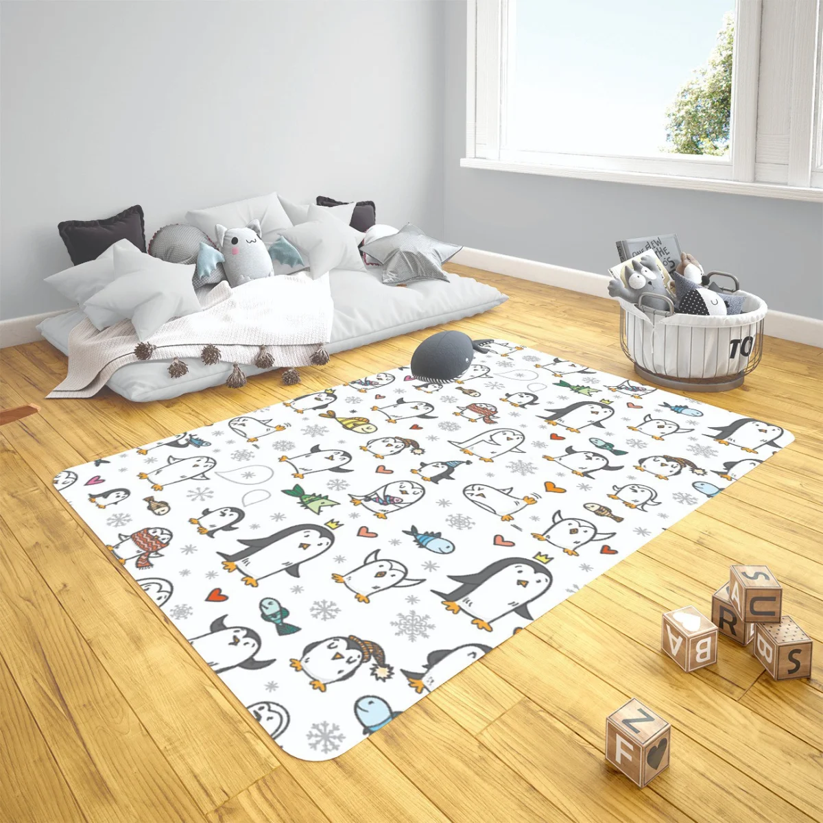 Penguen Çocuk Halısı | Beyaz Kar taneleri, kalpler Desenli