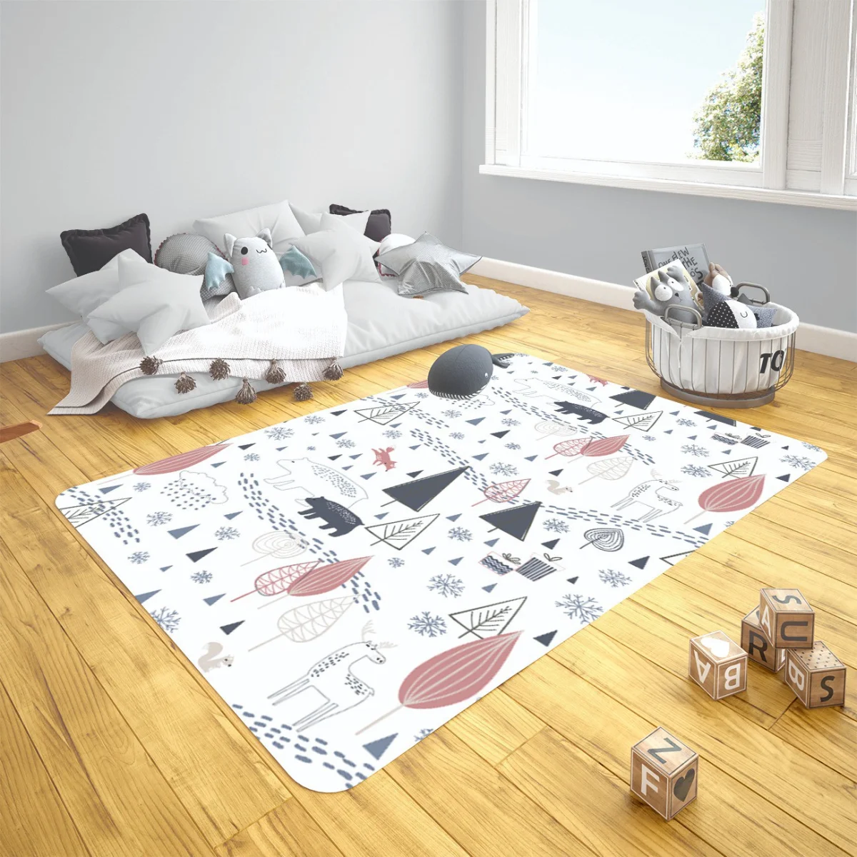 Orman Hayvanları Çocuk Halısı | Beyaz kar taneleri, ayak izleri Desenli