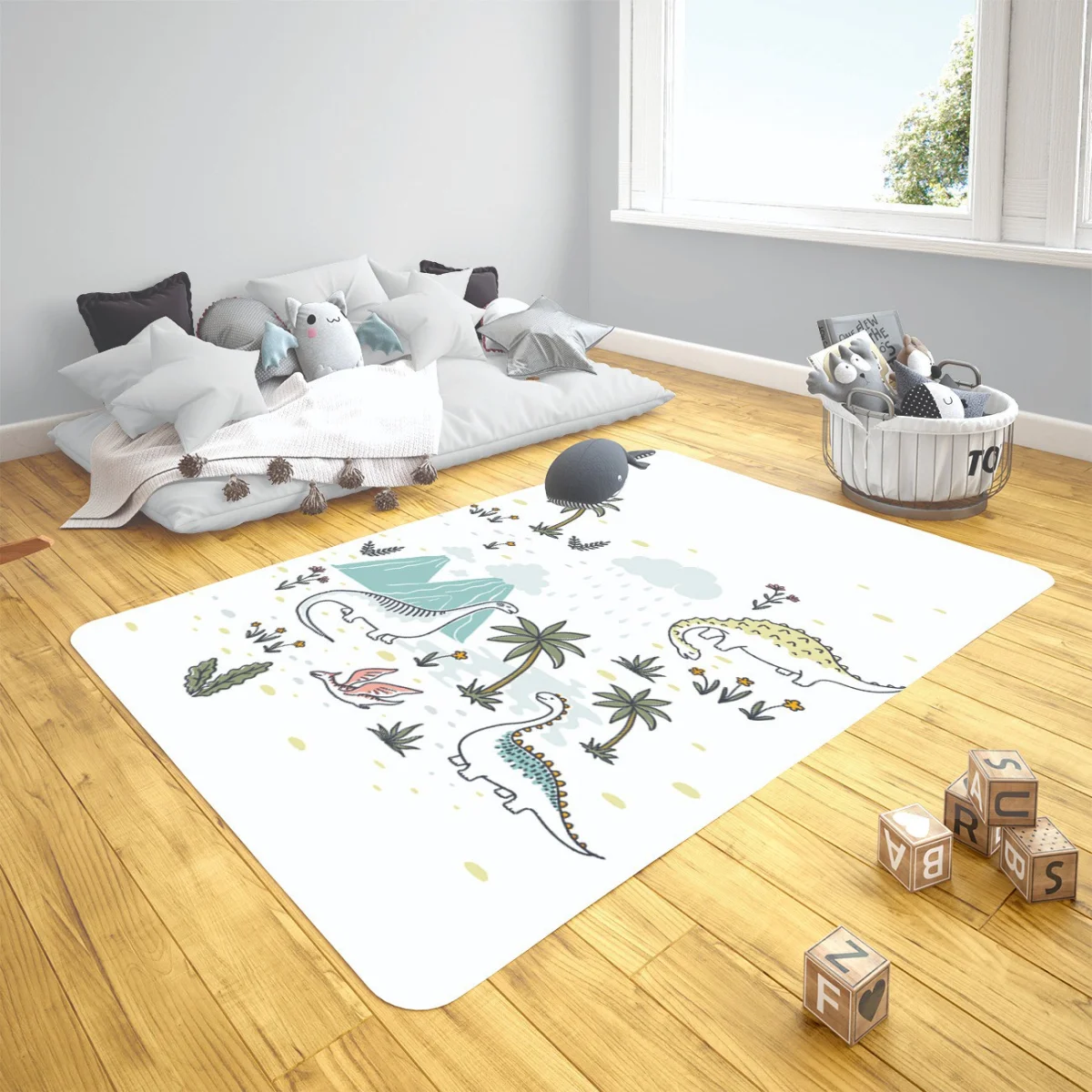 Dinozorlar Çocuk Halısı | Beyaz dağlar, bulutlar Desenli