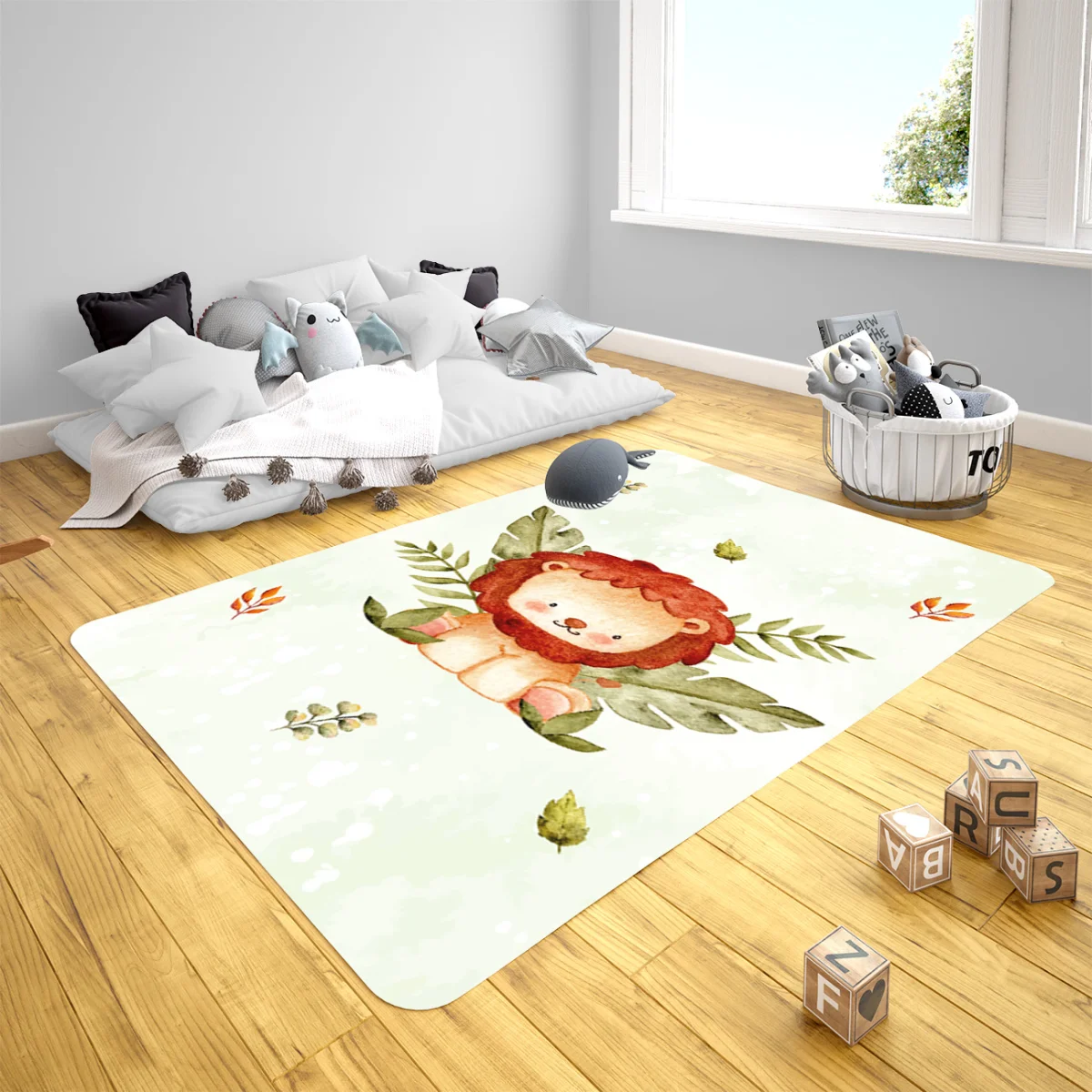Orman Hayvanları Çocuk Halısı | Yeşil yapraklar, minik beyaz benekler Desenli