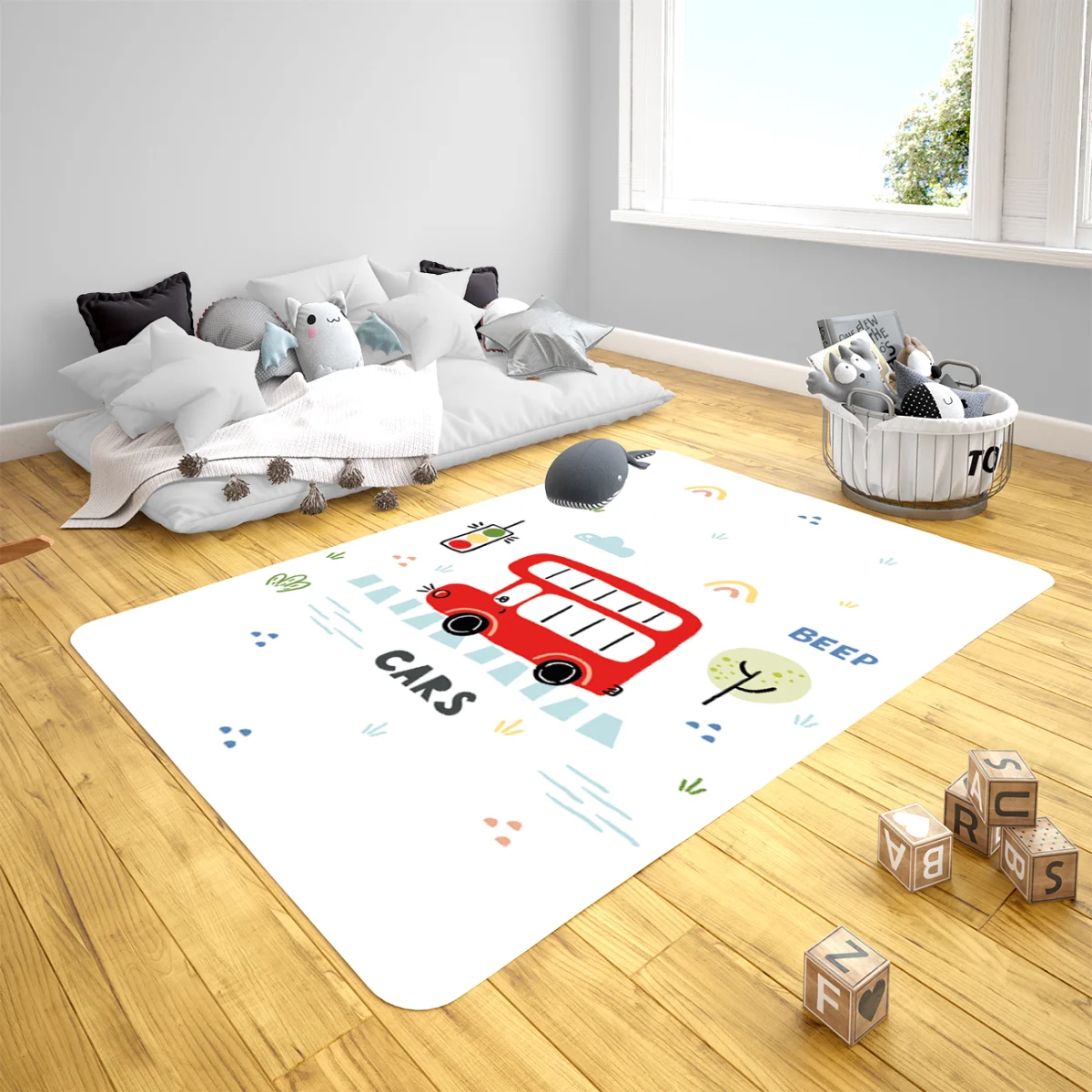 Arabalar Çocuk Halısı | Beyaz gökkuşağı, bulut Desenli