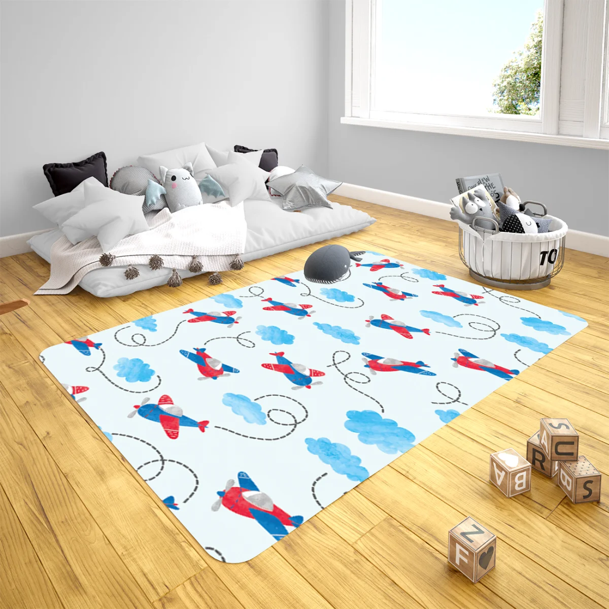 Uçaklar Çocuk Halısı | Mavi bulutlar, uçak izleri Desenli