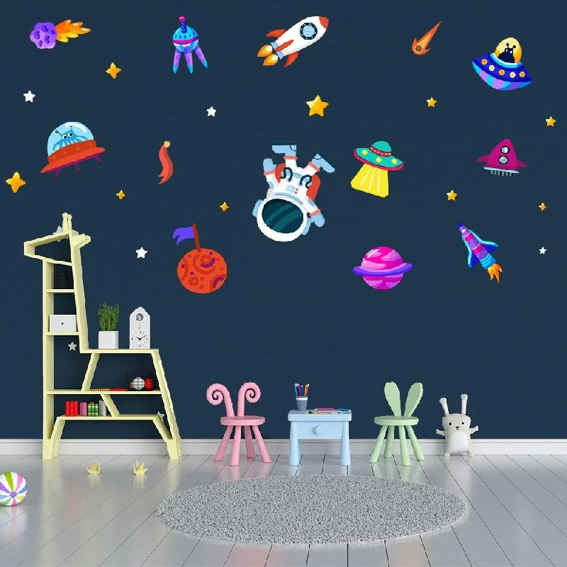 Uzay Ahşap Dekor Seti | Mavi roketler, gezegenler Desenli