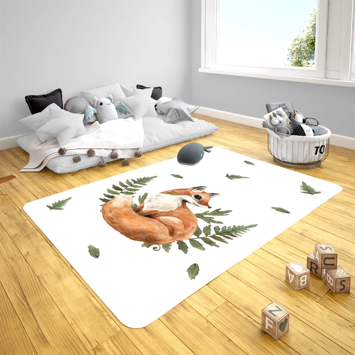 Tilki, Orman Hayvanları Çocuk Halısı | Beyaz Eğrelti otu, düşen yapraklar Desenli