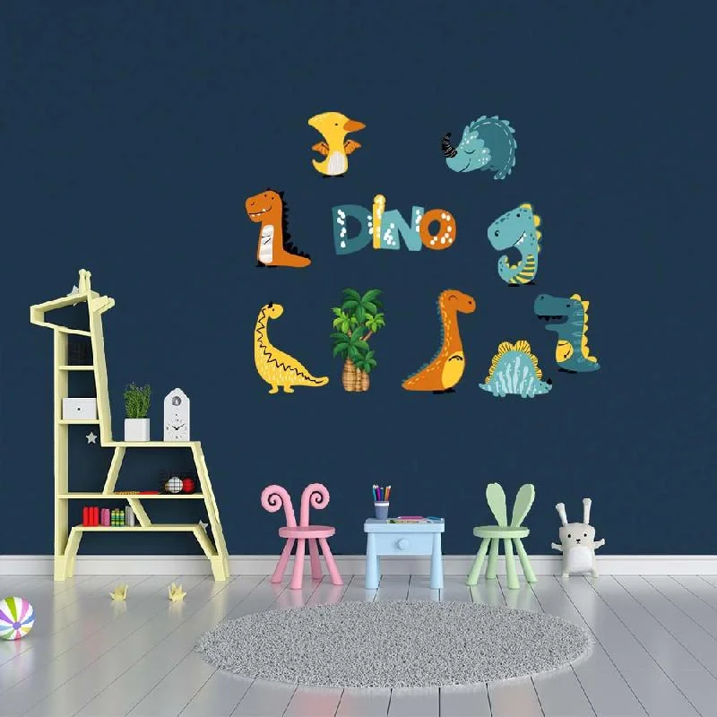 Dinozorlar Ahşap Dekor Seti | Koyu Mavi Dinozorlar, palmiye ağaçları Desenli