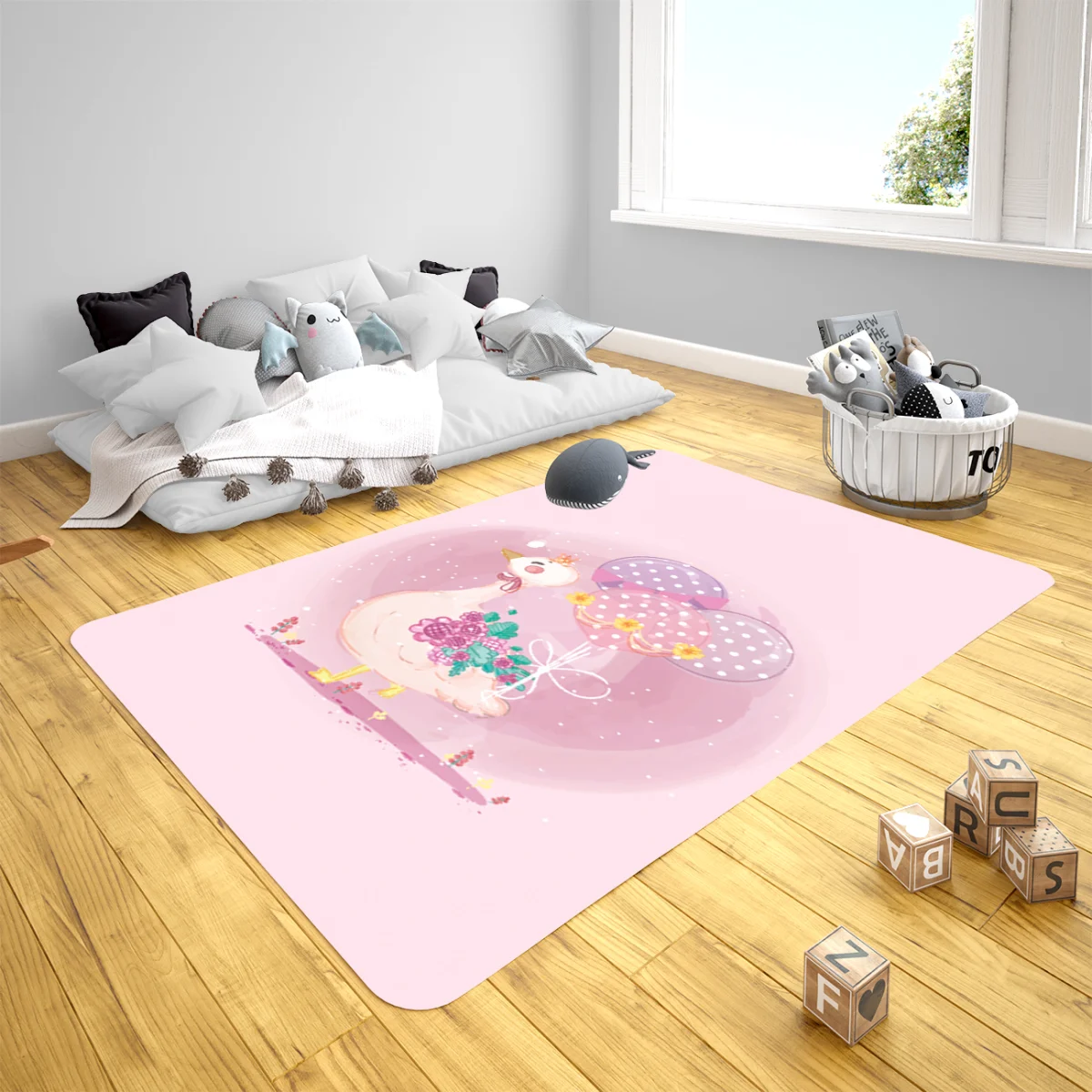 Prenses Kaz Çocuk Halısı | Pembe balonlar, çiçekler Desenli