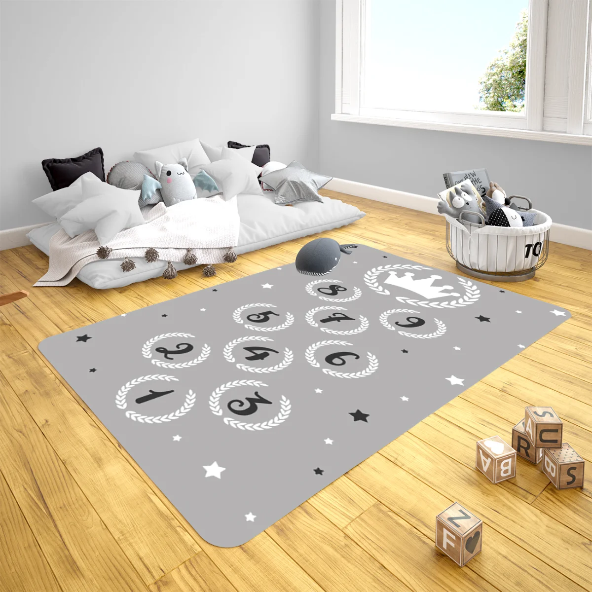 Kraliyet / Taç Çocuk Halısı | Gri Yıldızlar, defne yaprağı çelengi Desenli