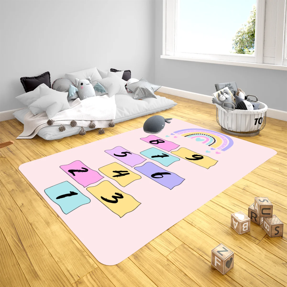 Gökkuşağı Çocuk Halısı | Pembe gökkuşağı, kalpler Desenli