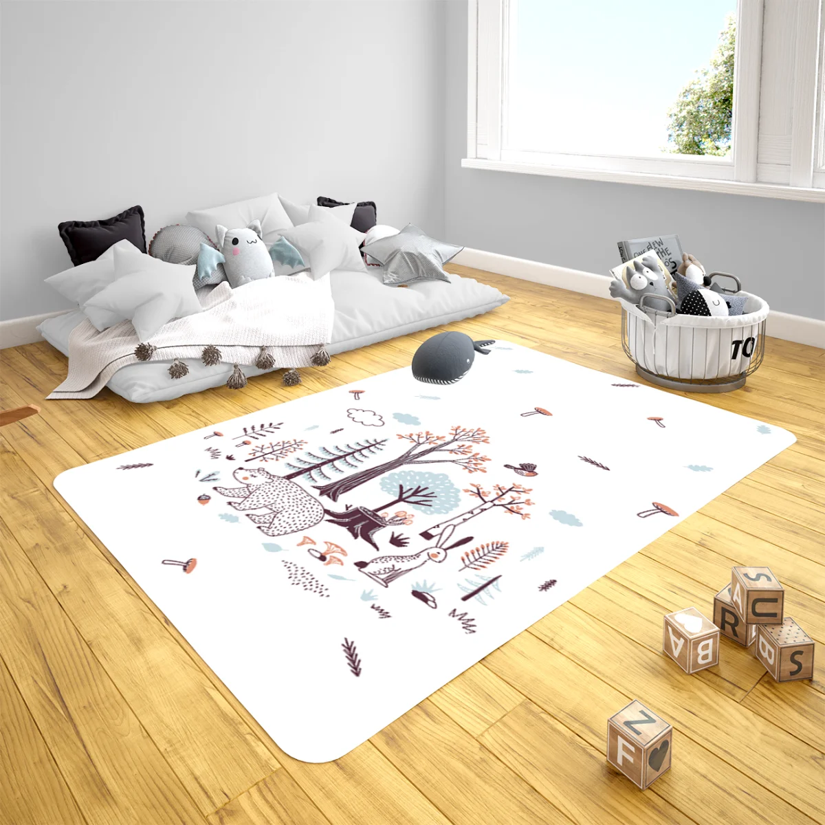 Orman Hayvanları Çocuk Halısı | Beyaz Ağaçlar, mantarlar Desenli