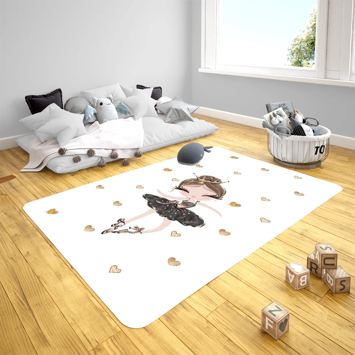 Balerin Çocuk Halısı | Beyaz Altın kalpler Desenli