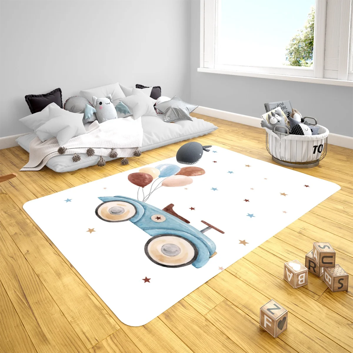 Oyuncak Araba Çocuk Halısı | Beyaz yıldızlar, balonlar Desenli