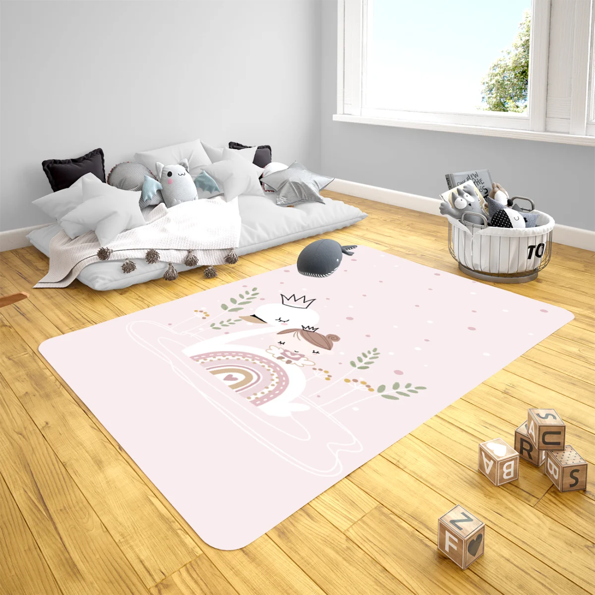 Kuğu Çocuk Halısı | Pembe kız çocuk, gökkuşağı Desenli