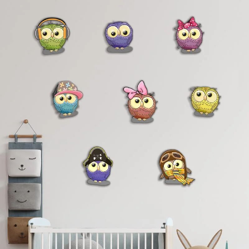 Baykuşlar Ahşap Dekor Seti | Beyaz Farklı kıyafet ve aksesuarlara sahip sevimli baykuş figürleri ...